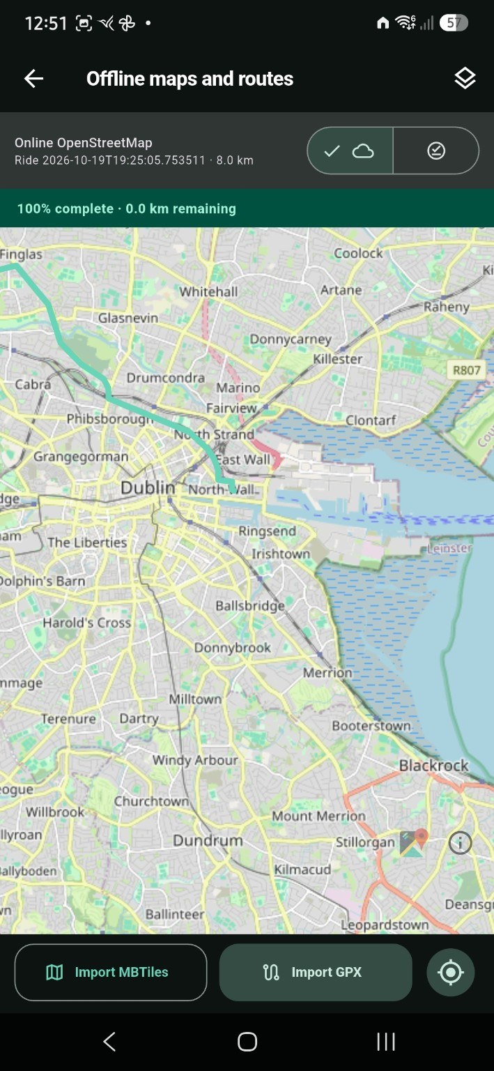 Offline maps and routes screen showing a Dublin map, route and MBTiles and GPX import controls