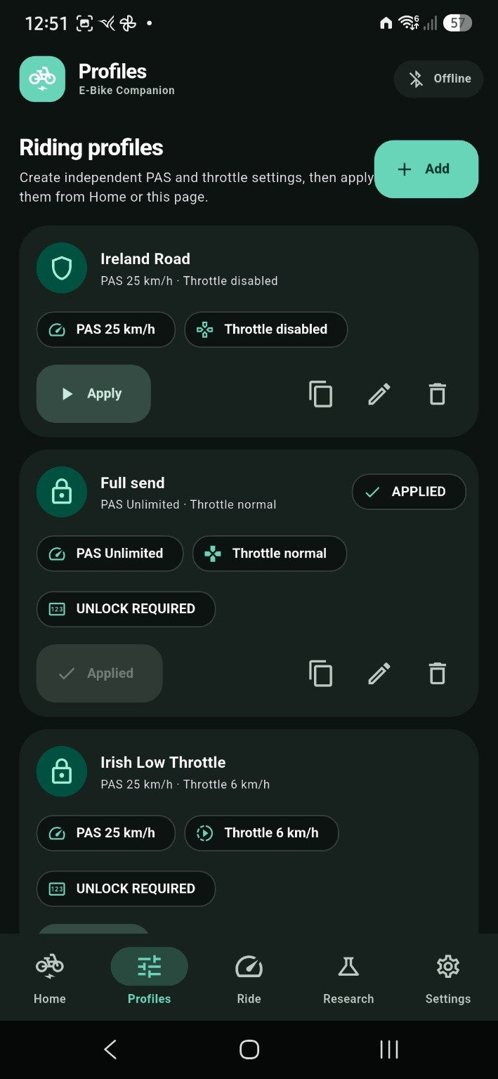 Profiles screen showing Ireland Road, Full send and Irish Low Throttle profiles