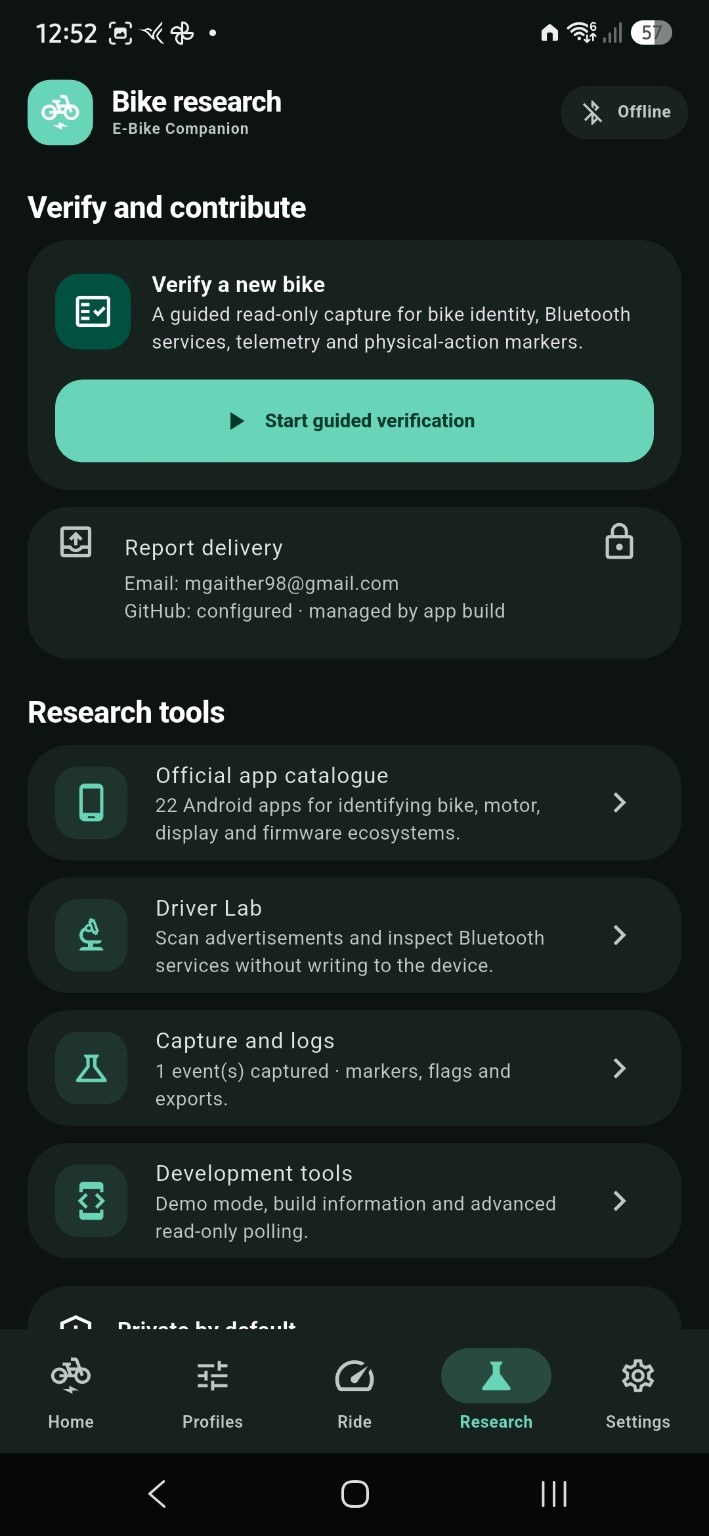 Bike research screen with guided verification, report delivery and read-only research tools