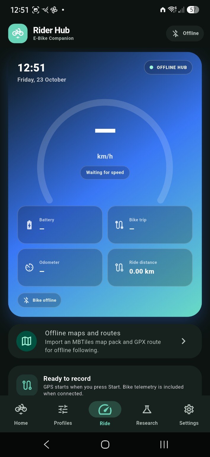 Rider Hub screen with speedometer, battery, odometer and ride distance